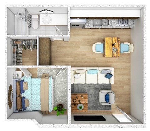 A top-down view of a small apartment with a kitchen, living room, and bedroom.